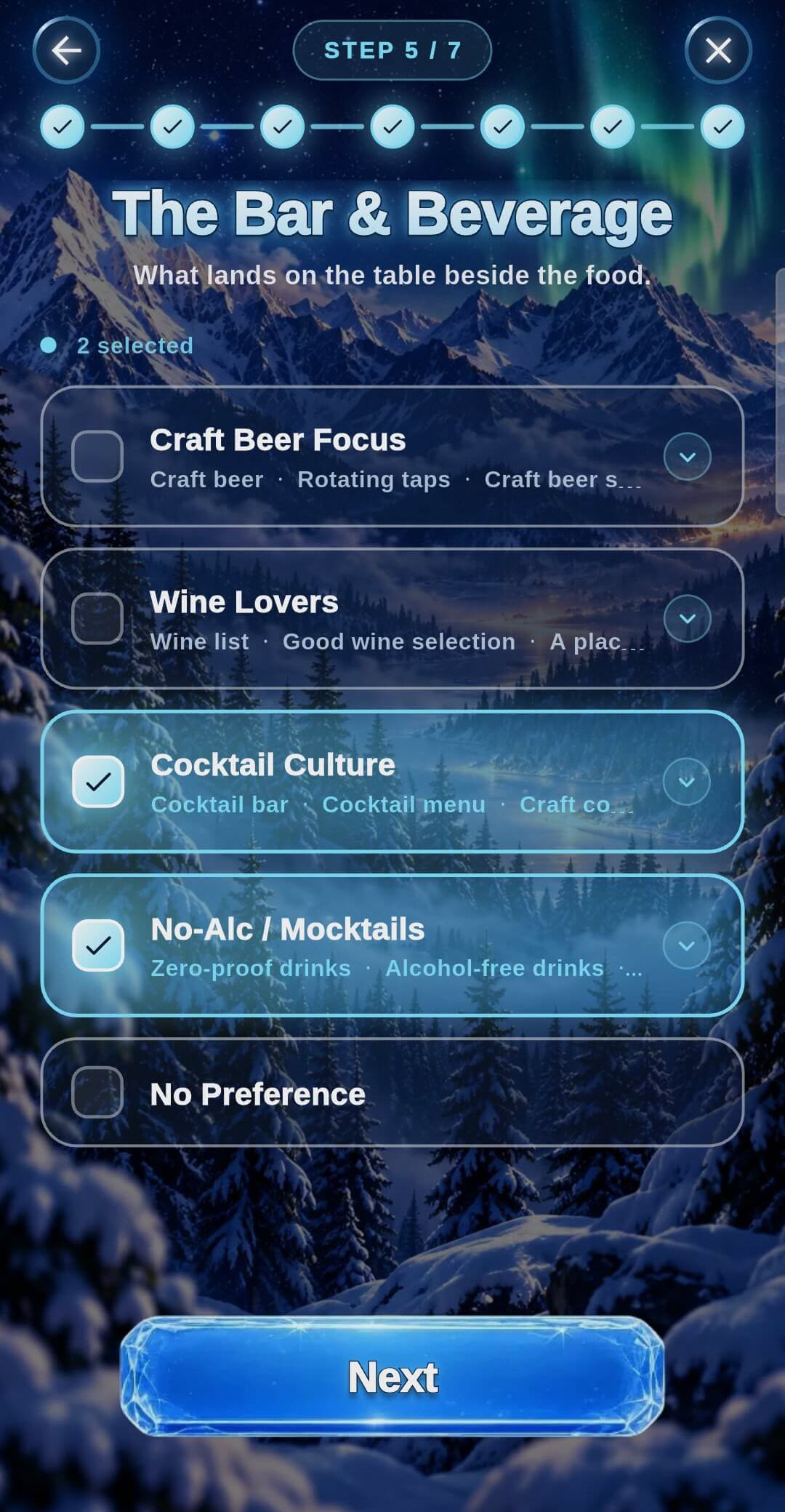 image shows preferernce screen for Yeti to Eat restaurant finder app