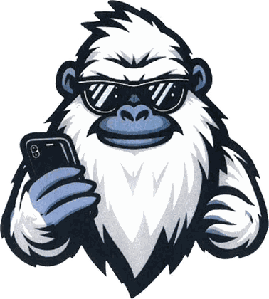 Yeti Bro, the Yeti To Eat mascot, wearing sunglasses and holding a phone